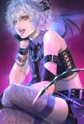 Rule 34 | 1girl, black neckwear, black skirt, blue eyes, bracelet, collared shirt, cropped shirt, demon girl, demon horns, demon tail, demon wings, highres, horns, jewelry, navel, necktie, open mouth, original, purple eyes, purple shirt, shirt, short hair, silver hair, skirt, sleeveless, sleeveless shirt, tail, takeda yuuko, thighhighs, tongue, tongue out, wings