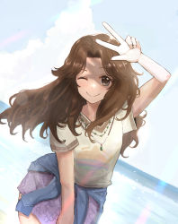 Rule 34 | 1girl, ;), absurdres, ariura kanna, arm up, beach, brown hair, clothes around waist, cloud, curtained hair, dutch angle, highres, horizon, idolmaster, idolmaster cinderella girls, jacket, jacket around waist, long hair, looking at viewer, ocean, one eye closed, outdoors, parted bangs, sky, smile, solo, standing, w, water, wep (worldenddancer)