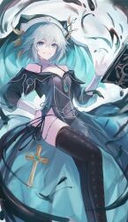 Rule 34 | 1girl, absurdres, aqua eyes, aqua hair, black dress, black thighhighs, breasts, chinese commentary, commentary request, cross, date a live, dress, grin, habit, hand on own hip, hand up, highres, honjou nia, long hair, long sleeves, looking at viewer, nppc, small breasts, smile, solo, thighhighs, very long hair