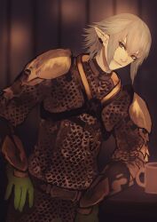Rule 34 | 1boy, armor, blurry, blurry background, chainmail, closed mouth, commentary, earclip, edamamebig, elezen, elf, final fantasy, final fantasy xiv, grey hair, haurchefant greystone, highres, looking at viewer, male focus, pointy ears, short hair, smile, solo, upper body