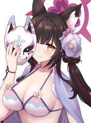 Rule 34 | 1girl, animal ear fluff, animal ears, bikini, black hair, blue archive, blush, breasts, cleavage, closed mouth, fox ears, halo, halterneck, highres, holding, holding mask, kinakonato, large breasts, long hair, looking at viewer, mask, multicolored hair, ponytail, red hair, simple background, smile, solo, string bikini, swimsuit, two-tone hair, upper body, wakamo (blue archive), wakamo (swimsuit) (blue archive), white background, yellow eyes