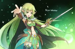 Rule 34 | 1girl, arm up, cape, elsword, green background, green eyes, green hair, green theme, highres, long hair, matching hair/eyes, night watcher (elsword), outstretched hand, pointy ears, rapier, rena erindel, scyze, skirt, solo, sword, weapon