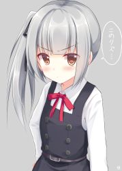 Rule 34 | &gt;:/, 10s, 1girl, :/, akane souichi, artist name, blush, brown eyes, closed mouth, dress, grey background, grey hair, hand on own hip, kantai collection, kasumi (kancolle), kasumi kai ni (kancolle), long hair, long sleeves, looking at viewer, pinafore dress, pout, side ponytail, sidelocks, signature, simple background, sleeveless dress, solo, v-shaped eyebrows