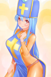 Rule 34 | 1girl, blue hair, blush, bodysuit, breasts, chunsoft, dragon quest, dragon quest iii, enix, hat, highres, irudana, large breasts, latex, latex suit, long hair, looking at viewer, priest (dq3), red eyes, sideboob, solo, very long hair