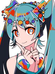 Rule 34 | 1girl, aqua hair, blue eyes, bright pupils, hatsune miku, headphones, highres, index finger raised, long hair, long sleeves, looking at viewer, machigami yoh, multicolored eyes, red eyes, shadow, simple background, smile, solo, twintails, vocaloid, white background, white pupils, yellow eyes