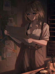 Rule 34 | 1girl, blonde hair, blue eyes, book, breasts, brown skirt, bulletin board, commentary, dark, hair ornament, highres, holding, holding paper, hololive, hololive english, looking at viewer, medium hair, paper, photo (object), pocket watch, revil0l, scissors, shirt, skirt, sleeves rolled up, small breasts, smile, solo, string, suspender skirt, suspenders, virtual youtuber, watch, watson amelia, white shirt, window shadow