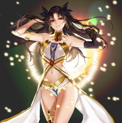 Rule 34 | 1girl, armlet, armpits, arms up, backlighting, bare legs, bare shoulders, black ribbon, black thighhighs, closed mouth, collarbone, cowboy shot, detached sleeves, dress, earrings, eyes visible through hair, fate/grand order, fate (series), floating hair, hair ribbon, half-closed eyes, hands in hair, head tilt, hoop earrings, hug (yourhug), ishtar (fate), jewelry, light particles, long dress, long hair, long sleeves, looking at viewer, midriff, motion blur, navel, neck, neck ring, parted bangs, red eyes, revealing clothes, ribbon, single detached sleeve, single thighhigh, smile, solo, standing, star (symbol), stomach, strapless, strapless dress, thighhighs, thighlet, thighs, tohsaka rin, two side up, type-moon, waist cape, white dress