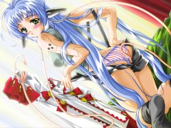Rule 34 | 1girl, arushia, blue hair, blush, carnelian, doll joints, game cg, joints, long hair, machine maiden, panties, robot ears, solo, striped clothes, striped panties, tentacles, underwear