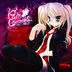 Rule 34 | 1girl, album cover, blonde hair, cover, glasses, green eyes, lowres, necktie, original, ribbon, solo, thighhighs, twintails