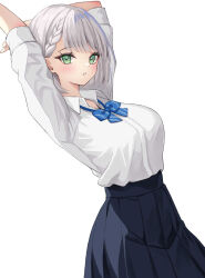 Rule 34 | 1girl, arms up, black skirt, blue bow, blush, bow, braid, breasts, collared shirt, dress shirt, dutch angle, green eyes, grey hair, highres, hololive, large breasts, long skirt, long sleeves, oniku (o29sukizero), parted lips, pleated skirt, school uniform, shirogane noel, shirt, short hair, simple background, skirt, solo, stretching, virtual youtuber, white background, white shirt