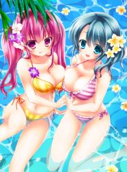 Rule 34 | 2girls, :d, bikini, blue eyes, blue hair, blush, breast press, breasts, flower, groin, hair flower, hair ornament, large breasts, long hair, multiple girls, open mouth, original, partially submerged, pink eyes, pink hair, rinka (yuyutei), side ponytail, smile, striped bikini, striped clothes, swimsuit, twintails, water