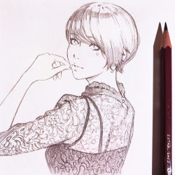 Rule 34 | 1girl, art tools in frame, bad id, bad tumblr id, closed mouth, earrings, graphite (medium), ilya kuvshinov, jewelry, lineart, looking at viewer, looking back, original, pencil, photo (medium), short hair, simple background, solo, traditional media, upper body