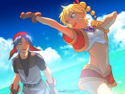 Rule 34 | 1boy, 1girl, armor, bandana, belt, black shirt, blonde hair, blue eyes, blue hair, breasts, chainmail, chrono cross, closed eyes, cloud, cloudy sky, cropped jacket, facial mark, gloves, jacket, jewelry, kid (chrono cross), midriff, miniskirt, multi-tied hair, navel, necklace, nito minatsuki, ocean, open mouth, parted bangs, pendant, ponytail, red bandana, red jacket, red skirt, serge (chrono cross), shirt, short sleeves, skirt, sky, small breasts, smile, stretching, t-shirt, teeth, upper body, upper teeth only, white shirt