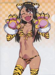 Rule 34 | 1girl, absurdres, animal hands, black hair, breasts, brown eyes, checkered background, cleavage, dark-skinned female, dark skin, female focus, gloves, grin, hair ornament, hairclip, headband, highres, ijiranaide nagatoro-san, long hair, looking at viewer, nagatoro hayase, official art, one eye closed, open mouth, paw gloves, smile, solo, thighhighs, tooth