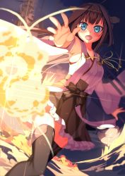 Rule 34 | 10s, 1girl, bad id, bad pixiv id, blue eyes, brown hair, explosion, firing at viewer, gradient background, highres, kantai collection, kantoku (style), kawai (purplrpouni), kongou (kancolle), looking at viewer, night, nontraditional miko, open mouth, outstretched arm, outstretched hand, solo, thighhighs, zettai ryouiki