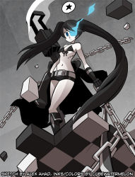 Rule 34 | 10s, 1girl, alex ahad, bad id, bad tumblr id, belt, bikini, bikini top only, black bikini, black gloves, black hair, black rock shooter, black rock shooter (character), blue eyes, cannon, chain, checkered floor, collaboration, expressionless, flat chest, floor, gloves, glowing, glowing eye, gun, long coat, long hair, mary cagle, navel, off shoulder, pale skin, scar, short shorts, shorts, smoke, smoking gun, solo, spoken star, star (symbol), swimsuit, twintails, uneven twintails, very long hair, weapon