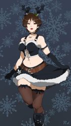 Rule 34 | 1girl, absurdres, animal ears, antlers, arm belt, boots, breasts, brown eyes, brown hair, choker, cleavage, deer ears, fake animal ears, fake antlers, fur trim, gloves, heart, heart choker, highres, horns, jewelry, kasugano sakura, navel, necklace, official alternate costume, r3dfive, red lips, reindeer antlers, skirt, smile, snowflake background, solo, star (symbol), star necklace, stomach, street fighter, street fighter v, thighhighs