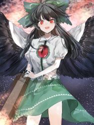 Rule 34 | 1girl, arm cannon, black hair, bow, cowboy shot, green bow, green skirt, hair bow, highres, long hair, looking at viewer, noyama (prosiuttooishi), open mouth, red eyes, reiuji utsuho, shirt, short sleeves, skirt, solo, teeth, third eye, touhou, upper teeth only, v-shaped eyebrows, weapon, white shirt, wings