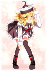 Rule 34 | 1girl, bent over, black thighhighs, blonde hair, boots, dress, female focus, full body, hat, highres, kazetto, lunasa prismriver, short hair, smile, solo, thighhighs, touhou, yellow eyes, zettai ryouiki