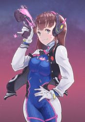 Rule 34 | 1girl, absurdres, alternate eye color, animal print, blue eyes, bodysuit, bracer, breasts, brown hair, buttons, charm (object), closed mouth, contrapposto, cowboy shot, d.va (overwatch), facepaint, facial mark, gloves, gun, hand on own hip, hand up, handgun, high collar, highres, holding, holding gun, holding weapon, jacket, legs together, letterman jacket, long hair, long sleeves, looking at viewer, medium breasts, mumu (b8mglhm), open clothes, open jacket, overwatch, overwatch 1, pilot suit, rabbit print, ribbed bodysuit, smile, solo, standing, thigh strap, trigger discipline, turtleneck, weapon, whisker markings, white gloves