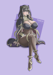 Rule 34 | 1girl, arm support, black hair, bodysuit, breasts, cape, cleavage, covered navel, finger to mouth, fire emblem, fire emblem awakening, hair ornament, high heels, highres, huge breasts, jewelry, crossed legs, long hair, looking at viewer, nintendo, parted lips, sitting, takilmar, tharja (fire emblem), thick thighs, thighlet, thighs