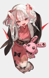Rule 34 | 1girl, baby bottle, bottle, commentary, demon girl, demon wings, dot nose, fangs, frilled sleeves, frills, full body, geta, grey background, grey hair, hands up, head tilt, highres, japanese clothes, lack, long sleeves, looking at viewer, makaino ririmu, multicolored hair, nijisanji, open mouth, pink hair, pointy ears, rabbit pose, red eyes, sash, scrunchie, simple background, smile, solo, streaked hair, stuffed toy, tabi, twintails, virtual youtuber, wide sleeves, wings