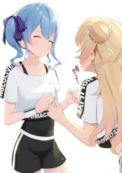 Rule 34 | 2girls, black leotard, black shorts, blonde hair, blue eyes, blue hair, blush, breasts, character name, clothes lift, copyright name, crop top, crop top overhang, double bun, flower, hair bun, hair flower, hair ornament, highres, hololive, hololive dance practice uniform, hoshimachi suisei, leotard, long hair, midriff, momosuzu nene, multicolored hair, multiple girls, official alternate costume, open mouth, shirt, shirt lift, shorts, small breasts, taachika, virtual youtuber, white shirt, white wristband, workout clothes