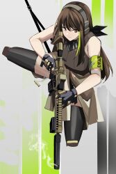 Rule 34 | 1girl, absurdres, assault rifle, brown eyes, brown hair, call of duty, call of duty: modern warfare 2, casing ejection, gar32, girls&#039; frontline, gloves, green hair, gun, highres, holding, jacket, long hair, m4 carbine, m4a1 (girls&#039; frontline), mask, multicolored hair, parody, rifle, shell casing, skull mask, solo, streaked hair, tagme, weapon