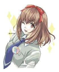 Rule 34 | 1girl, artist name, bob cut, hair ribbon, highres, jewelry, looking at viewer, necklace, one eye closed, open mouth, oto nagi, persona, persona 1, red ribbon, ribbon, school uniform, short hair, simple background, smile, solo, sonomura maki, st. hermelin school uniform, white background