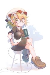 Rule 34 | 1girl, black-framed eyewear, blonde hair, brown dress, brown footwear, chair, closed mouth, collared dress, commentary, cookie (touhou), dress, earrings, full body, fumei (cookie), glasses, hat, highres, holding, holding microphone, hotaru kago, jewelry, looking at viewer, maribel hearn, microphone, mob cap, pen, pen behind ear, shoes, short hair, short sleeves, sitting, smile, solo, symbol-only commentary, table, touhou, white background, white hat, yellow eyes