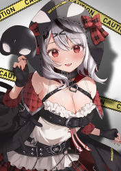 Rule 34 | 1girl, black collar, black gloves, black hair, black jacket, blouse, blush, bow, breasts, caution tape, cleavage, collar, commentary request, fang, fingerless gloves, gloves, hair ornament, highres, holding, holding mask, hololive, holox, hood, hood up, imo norio, jacket, large breasts, looking at viewer, mask, unworn mask, multicolored hair, nail polish, off shoulder, open clothes, open jacket, parted lips, plaid, plaid bow, red bow, red eyes, red nails, sakamata chloe, sakamata chloe (1st costume), shirt, silver hair, smile, solo, streaked hair, upper body, virtual youtuber, white shirt, x hair ornament