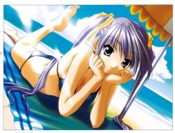 Rule 34 | 1girl, arm support, barefoot, beach, bikini, head rest, day, dutch angle, grey eyes, jpeg artifacts, long hair, lying, on stomach, purple hair, smile, solo, swimsuit, towel, twintails, umbrella