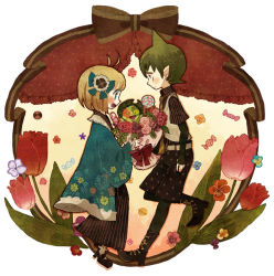 Rule 34 | 1boy, 1girl, ahoge, amaimon, ao no exorcist, bad id, bad pixiv id, blonde hair, blush, boots, bouquet, bow, candy, couple, flower, food, green eyes, green hair, hair flower, hair ornament, happy, hetero, japanese clothes, madalshimo, moriyama shiemi, necktie, nii (ao no exorcist), open mouth, profile, short hair, tulip, waistcoat