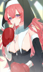 Rule 34 | 1girl, bad id, bad pixiv id, boxing gloves, breasts, cleavage, habit, highres, large breasts, long hair, mouth hold, nun, original, pink hair, purple eyes, solo, yzh chan