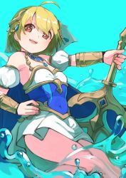 Rule 34 | 1girl, absurdres, ahoge, aqua background, bare shoulders, blonde hair, breasts, brown eyes, commentary request, covered navel, detached sleeves, goe (g-o-e), greatsword, highres, huge weapon, looking at viewer, miniskirt, official alternate costume, otori michiru, puffy short sleeves, puffy sleeves, short hair, short sleeves, shoujo kageki revue starlight, shoujo kageki revue starlight -re live-, simple background, skirt, small breasts, solo, sword, vambraces, veil, water, weapon