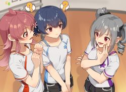 Rule 34 | 3girls, ?, ahoge, black ribbon, black shorts, blurry, blurry background, bra strap, clenched hands, commentary, depth of field, dolphin shorts, drawstring, drill hair, grey hair, hair ribbon, hand on own face, idolmaster, idolmaster cinderella girls, idolmaster shiny colors, indoors, kamille (vcx68), kanzaki ranko, komiya kaho, long hair, looking at another, medium hair, morino rinze, multiple girls, pink ribbon, purple eyes, red eyes, red hair, ribbon, shirt, short hair, short shorts, short sleeves, shorts, spoken question mark, standing, t-shirt, twin drills, twintails, v arms, white shirt