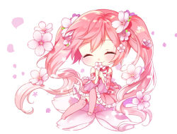 Rule 34 | 1girl, alternate color, blush, chibi, closed eyes, detached sleeves, flower, frilled skirt, frills, hair flower, hair ornament, hatsune miku, holding, holding flower, myoya, petals, pink hair, pink thighhighs, sakura miku, simple background, sitting, skirt, smile, solo, tattoo, thighhighs, twintails, vocaloid, white background
