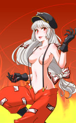 Rule 34 | 1girl, areola slip, armpits, bakuretsu hunters, black footwear, black gloves, black headwear, blush, bow, breasts, chocolate misu, chocolate misu (cosplay), collarbone, cosplay, eyelashes, fujiwara no mokou, gloves, groin, hair bow, hands up, highres, knee up, lips, long hair, looking at viewer, navel, open mouth, pants, red background, red bow, red eyes, red pants, shiraue yuu, sidelocks, smile, solo, standing, standing on one leg, suspenders, tongue, topless, touhou, two-tone background, two-tone bow, white bow, white hair, yellow background