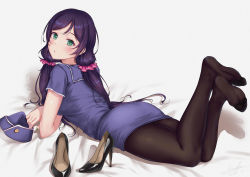 Rule 34 | 1girl, absurdres, artist name, black pantyhose, blush, closed mouth, feet, flight attendant, foot focus, green eyes, gxdy, hair ornament, hat, high heels, highres, legs up, long hair, looking at viewer, looking back, love live!, low twintails, lying, on stomach, pantyhose, parted bangs, purple hair, shoes, unworn shoes, short sleeves, signature, soles, solo, the pose, tojo nozomi, travel attendant, twintails, uniform