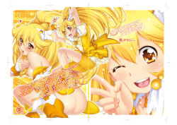 Rule 34 | 10s, 1girl, :d, ;d, ass, bike shorts, blonde hair, bottomless, breasts, cure peace, finger to mouth, hair flaps, hair ornament, kazuma muramasa, kise yayoi, licking, multiple views, nipples, one eye closed, open mouth, ponytail, precure, shorts, shorts under skirt, skirt, small breasts, smile, smile precure!, tongue, v, wink, yellow eyes, yellow shorts, yellow skirt, yellow theme