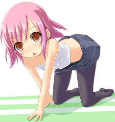 Rule 34 | 1girl, all fours, black pantyhose, brown eyes, flat chest, kuro (be ok), looking at viewer, midriff, miniskirt, open mouth, original, pantyhose, pink hair, short hair, skirt, solo