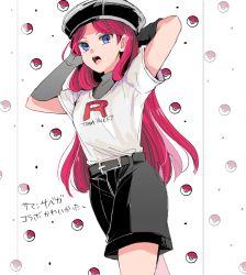 1girl :o atsumi_yoshioka belt black_hat black_shorts commentary_request creatures_(company) elbow_gloves game_freak gloves grey_gloves hat jessie_(pokemon) logo long_hair nintendo open_mouth poke_ball_symbol pokemon pokemon_(anime) print_shirt purple_eyes shirt short_sleeves shorts solo team_rocket teeth tongue translation_request undershirt upper_teeth_only white_shirt