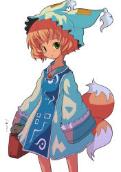 Rule 34 | 1girl, aged down, animal ears, blonde hair, cat, chen, chen (cat), dress, female focus, fox ears, fox tail, green eyes, hat, long sleeves, multiple tails, ryuno, short hair, simple background, solo, tail, touhou, white background, yakumo ran