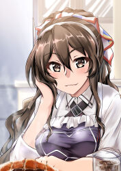 Rule 34 | 1girl, apron, arm rest, ashigara (kancolle), breasts, brown eyes, brown hair, fangs, fangs out, hairband, hand on own cheek, hand on own face, highres, kantai collection, long hair, looking at viewer, medium breasts, ponytail, purple apron, shirt, smile, solo, wavy hair, white hairband, white shirt, yo-suke