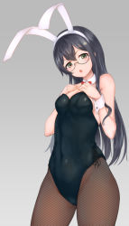 Rule 34 | 1girl, :o, alternate costume, animal ears, bad id, bad pixiv id, bare shoulders, black-framed eyewear, black hair, black leotard, black ribbon, blush, breasts, brown eyes, brown pantyhose, covered navel, detached collar, fake animal ears, fishnet pantyhose, fishnets, glasses, green eyes, hairband, hands on own chest, highleg, highleg leotard, kantai collection, leotard, long hair, looking at viewer, oonaka ito, ooyodo (kancolle), open mouth, pantyhose, playboy bunny, rabbit ears, ribbon, semi-rimless eyewear, side-tie leotard, small breasts, solo, straight hair, strapless, strapless leotard, tareme, under-rim eyewear, v-shaped eyebrows, very long hair, white hairband, wrist cuffs