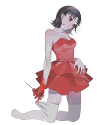 Rule 34 | 1girl, anose, bare shoulders, black hair, blood, blood on hands, breasts, cleavage, commentary, dress, elbow gloves, gloves, hairband, highres, ice pick, kirigoe mima, kneeling, medium breasts, perfect blue, red dress, red hairband, short hair, simple background, solo, strapless, strapless dress, thighhighs, twitter username, white background, white gloves, white thighhighs