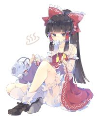 Rule 34 | 1girl, black hair, bloomers, blunt bangs, bow, brown eyes, clothes lift, collarbone, commentary, dress, dress lift, full body, hair bow, hair tubes, hakurei reimu, highres, icicle, long hair, looking at viewer, nikorashi-ka, shoes, simple background, sitting, socks, solo, sweatdrop, touhou, underwear, very long hair, white background, white socks