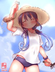 Rule 34 | 10s, 1girl, 2016, alternate costume, arm up, artist name, ass, blue buruma, blue hair, blue sky, blush, buruma, clam, cloud, cloudy sky, collarbone, commentary request, covered navel, dated, day, closed eyes, gluteal fold, hair ribbon, hat, highres, kanon (kurogane knights), kantai collection, long hair, low twintails, net, rake, ribbon, scrunchie, shirt, short sleeves, sky, smile, solo, straw hat, suzukaze (kancolle), thigh gap, thighs, twintails, wet, wet clothes, white shirt, wrist scrunchie