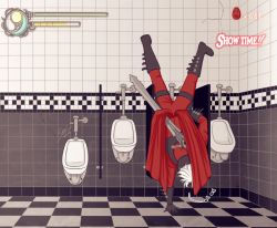 Rule 34 | 1boy, bathroom, capcom, dante (devil may cry), devil may cry (series), fake screenshot, handstand, health bar, indoors, male focus, musical note, peeing, score, sevi, solo, spoken musical note, sword, toilet, weapon, white hair