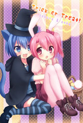 Rule 34 | 2girls, :3, :o, animal ears, bad id, bad pixiv id, basket, blue eyes, blue hair, candy, cat ears, cat tail, fang, food, halloween, hat, highres, hug, mary janes, multiple girls, onka, original, pantyhose, pink eyes, pink hair, pink pantyhose, rabbit ears, ribbon, sakura (mani), shoes, short hair, shorts, side ponytail, striped clothes, striped legwear, striped thighhighs, tail, thighhighs, trick or treat, twintails, usashiro mani, witch hat